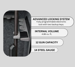 Close-up of the advanced features of a gun safe, highlighting its advanced locking system with a fully programmable electronic lock and two backup keys, an internal volume of 4.86 cubic feet, a 12-gun capacity, and construction with 14-gauge steel.