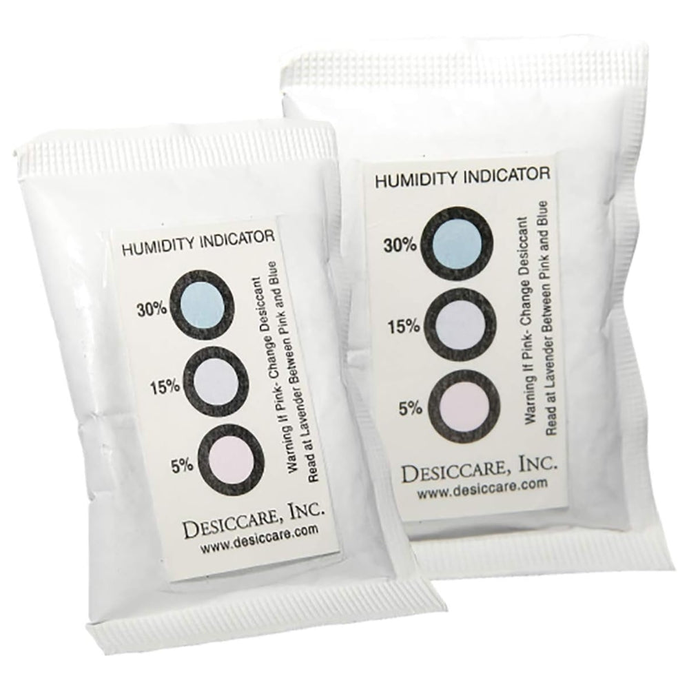 Two white desiccant packs with humidity indicators showing various levels, designed to control moisture in enclosed spaces by changing color when reactivation is needed.