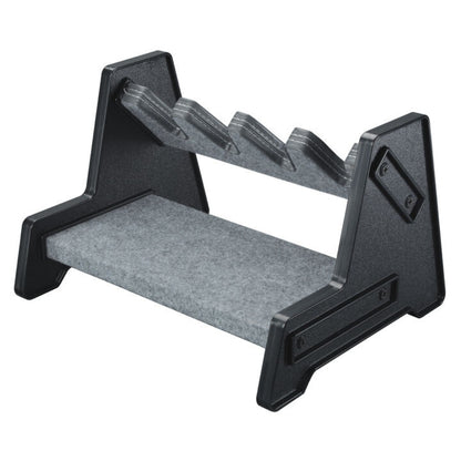 Stack-On Deluxe 4-Position Pistol Rack, featuring a durable black ABS plastic frame with carpeted barrel rests designed to hold four handguns securely and prevent scratching. The rack's structure provides both upright and inverted storage options.