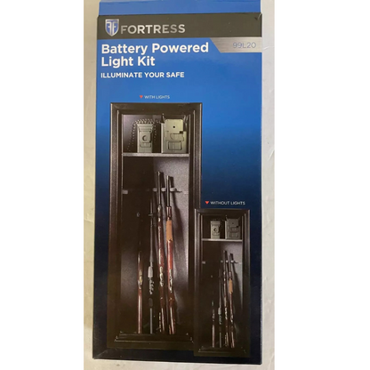 Packaging of the Fortress Battery Powered Light Kit, Model 99L20, showing a gun safe illuminated with LED lights compared to its appearance without lights, highlighting the enhanced visibility provided by the kit.