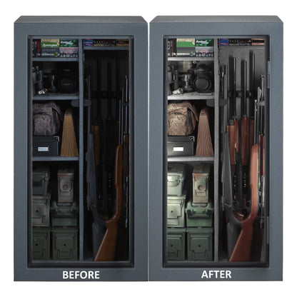 Comparison image showing a gun safe before and after the installation of LED lighting. The 'Before' side is dimly lit, making contents hard to see, while the 'After' side is brightly illuminated, showcasing the guns and other items clearly.