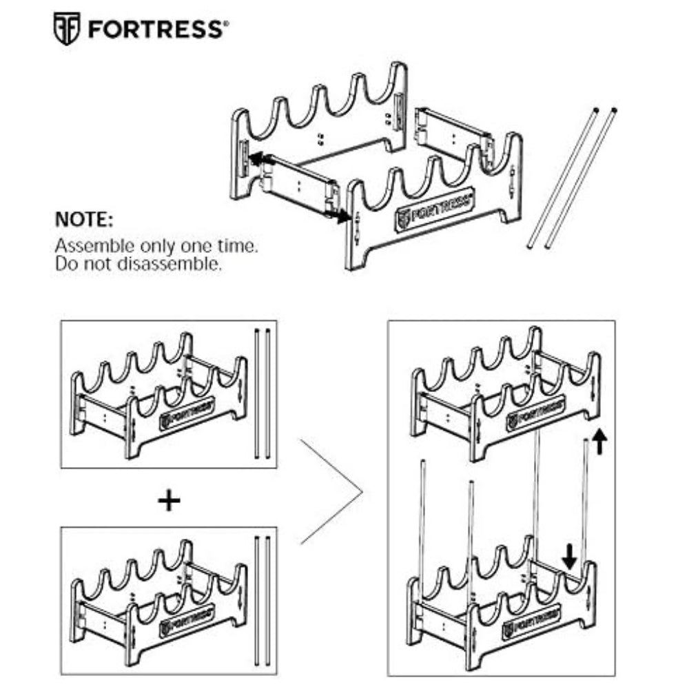 Instructional diagram for the Fortress 4-Position Pistol Rack, illustrating the assembly process and the modular stacking capability of multiple units, with a note to assemble only once and not to disassemble.