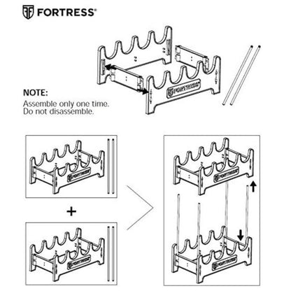 Instructional diagram for the Fortress 4-Position Pistol Rack, illustrating the assembly process and the modular stacking capability of multiple units, with a note to assemble only once and not to disassemble.