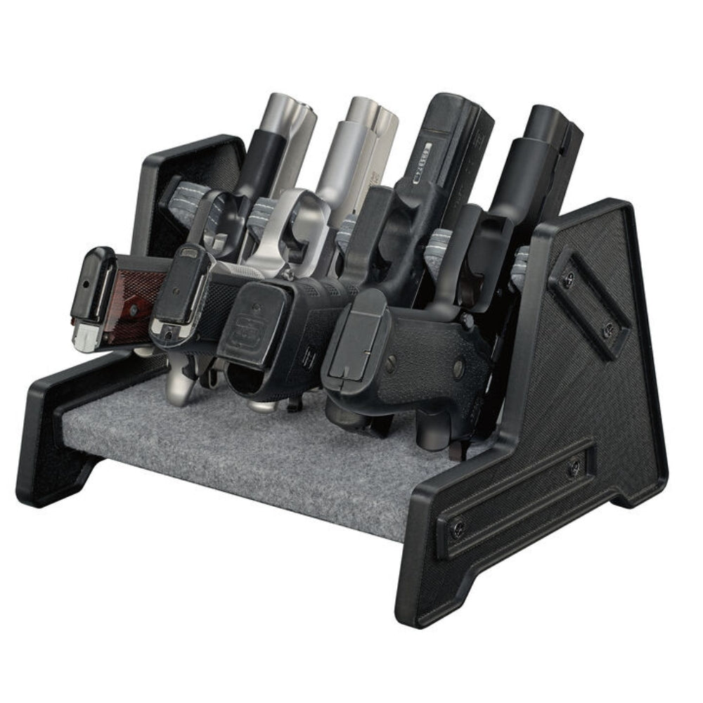 A fully loaded Stack-On Deluxe 4-Position Pistol Rack displaying a variety of handguns, each securely positioned in custom-fit, carpeted slots designed to prevent scratches. The pistols, some equipped with scopes and lights, illustrate the rack's capacity to accommodate diverse sizes and accessories.