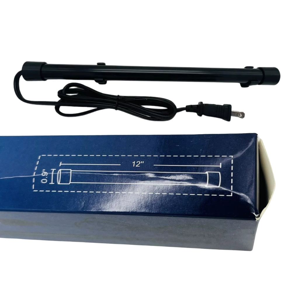 Fortress 12-inch Dehumidifier Rod with accompanying power cable displayed alongside its blue packaging box, which highlights the product's dimensions and features.