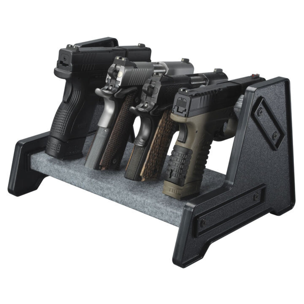 Stack-On Deluxe 4-Position Pistol Rack displaying four handguns in an upright position, each resting on sculpted, carpeted barrel supports within a sturdy black frame.