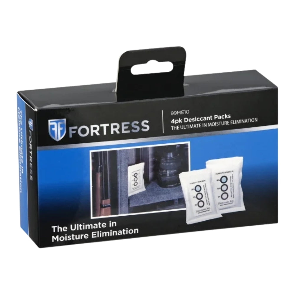 Packaging of Fortress 4-Pack Desiccant Packs featuring the product in use within a safe, labeled as 'The Ultimate in Moisture Elimination' for effective humidity control.