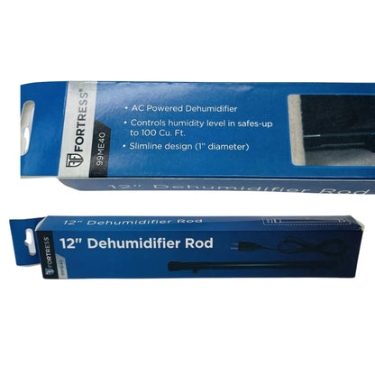 Close-up view of the Fortress 12-inch Dehumidifier Rod's blue packaging box, featuring product details like AC power, humidity control for safes up to 100 cubic feet, and slimline design with 1-inch diameter.