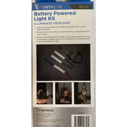 Back of the Fortress Battery Powered Light Kit packaging, Model 99L20, detailing product features and contents including three LED light strips, a battery pack, and wire management clips, with images demonstrating installation and use in a gun safe.