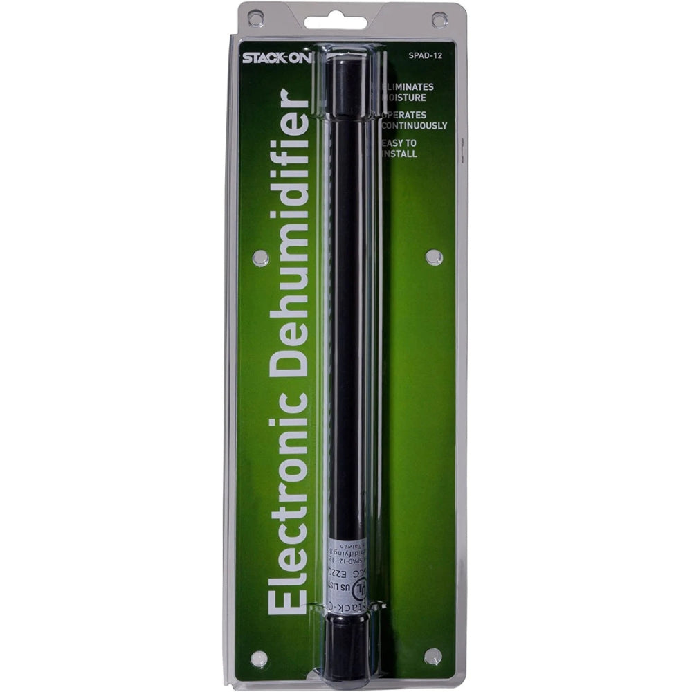 Packaging of the Stack-On SPAD-12 Electronic Dehumidifier, featuring the 12-inch long silver rod in a green blister pack, clearly labeled for easy moisture elimination and continuous operation.