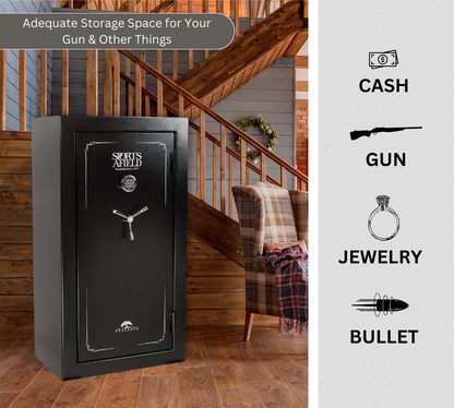 Firearms storage safe with 32 long gun and 8 handgun capacity