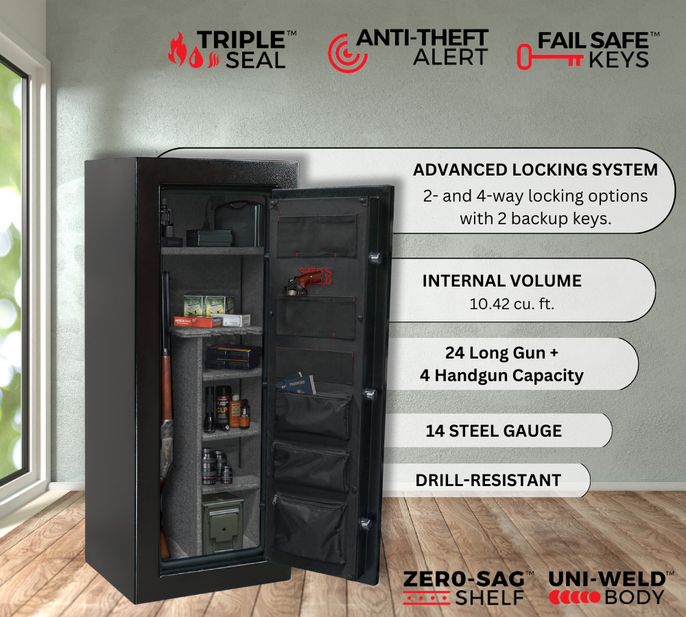 Electronic lock gun cabinet for 24 long guns and 4 handguns