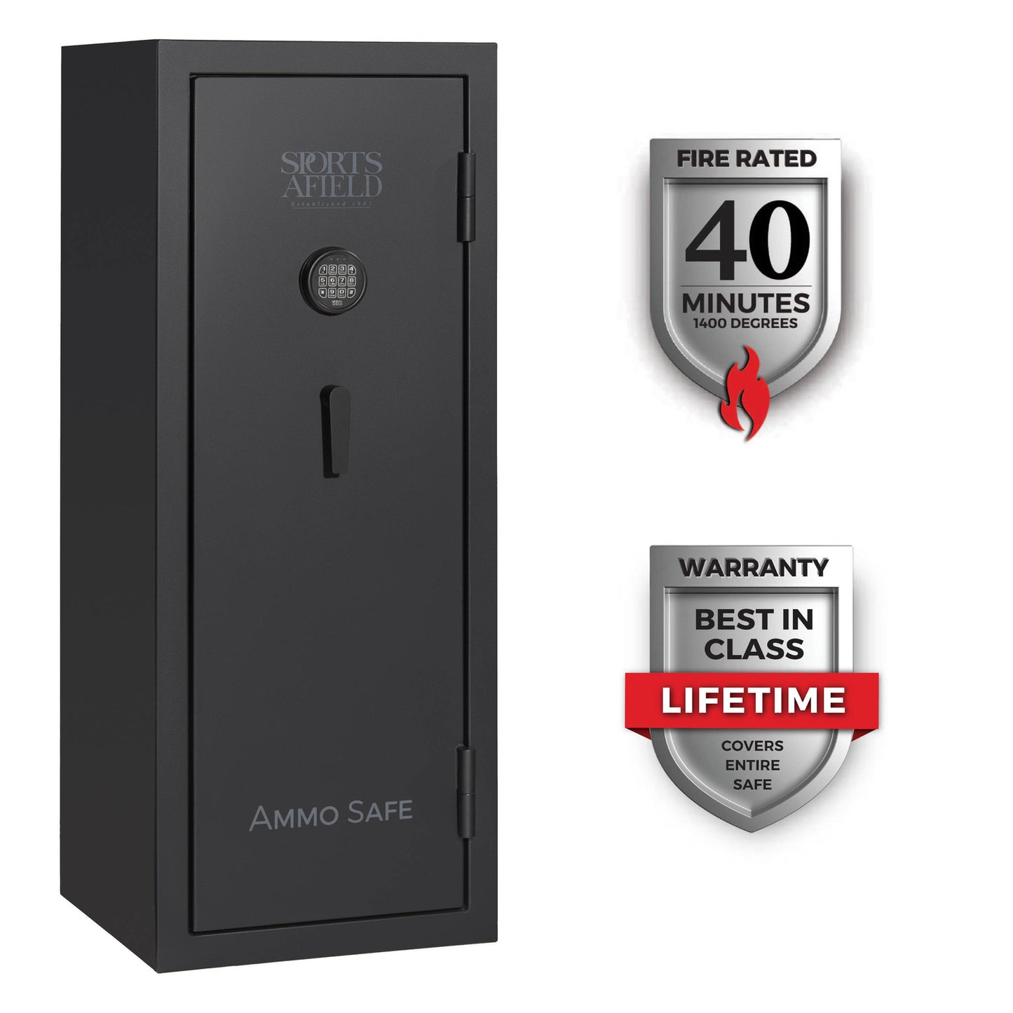 53-inch tall fireproof ammo safe with a durable black powder-coated finish