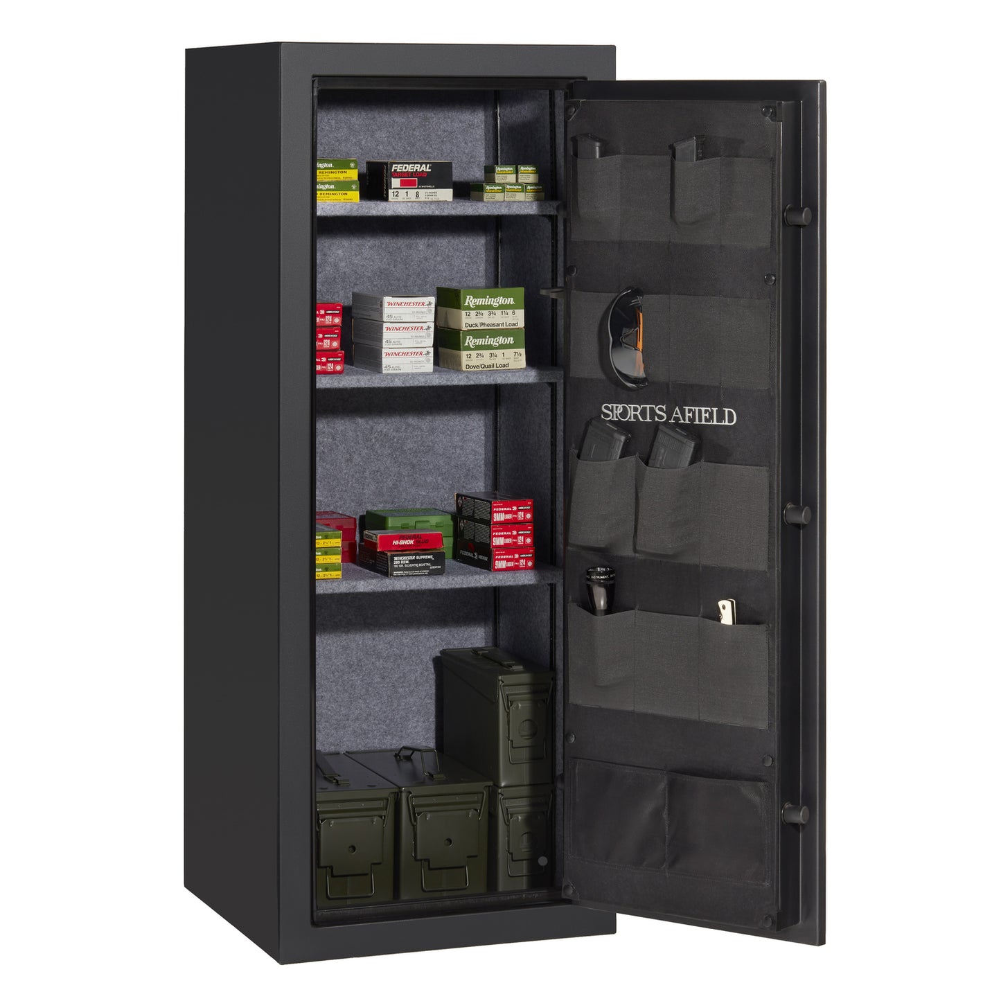 Black fire-resistant safe for secure ammunition and magazine storage