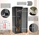 Image showcasing the interior features of a Redfield gun safe. It has a carpeted interior with sidewalls, 12 barrel rests, movable scoped rifle standoffs, a shelf passthrough for long rifles up to 51 inches, pre-drilled mounting holes, and five 1-inch steel bolts for security.