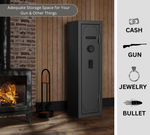 A Redfield gun safe is positioned in a cozy room with wooden flooring and a brick wall, beside a lit fireplace and a fireplace tool set. The image emphasizes 'Adequate Storage Space for Your Gun & Other Things' and includes icons for cash, a gun, jewelry, and a bullet, suggesting the safe's versatility.