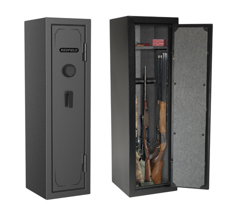 A Redfield 12-Gun Fireproof Gun Safe with electronic lock, depicted both closed and open. Inside, it holds several rifles, with a carpeted interior and soft-touch barrel rests. The exterior is dark gray with a keypad and handle.