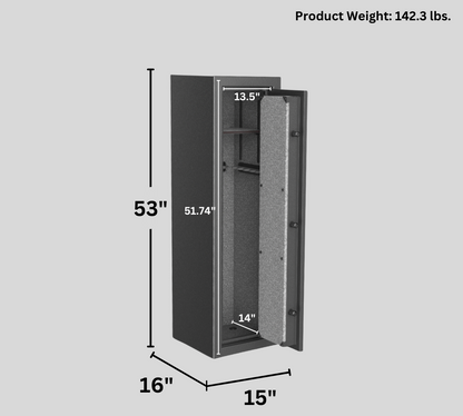 Graphic of a Redfield gun safe with dimensions displayed. The safe measures 53 inches in height, 15 inches in width, and 16 inches in depth. Internal dimensions are 51.74 inches high by 13.5 inches wide. Product weight is noted as 142.3 pounds.