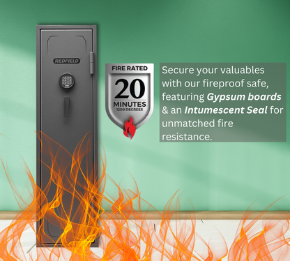 A Redfield gun safe is featured against a green background with flames at the base, symbolizing its fireproof qualities. A badge indicates a 20-minute fire rating at 1200 degrees, and text mentions Gypsum boards and an Intumescent Seal for fire resistance.