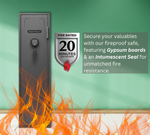A Redfield gun safe is featured against a green background with flames at the base, symbolizing its fireproof qualities. A badge indicates a 20-minute fire rating at 1200 degrees, and text mentions Gypsum boards and an Intumescent Seal for fire resistance.