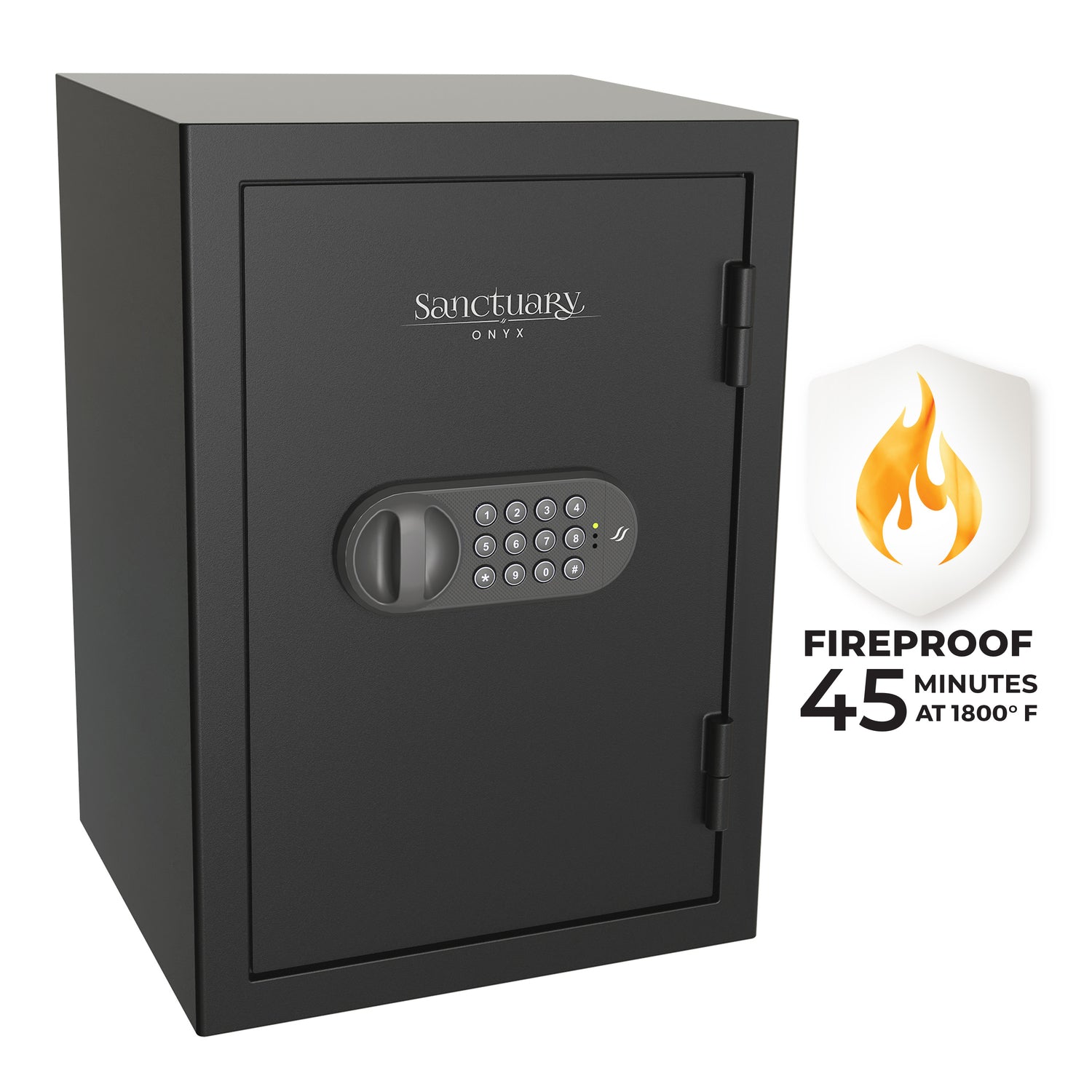 Fireproof safe from Sanctuary Onyx series, offering 45-minute fire protection at 1800°F.