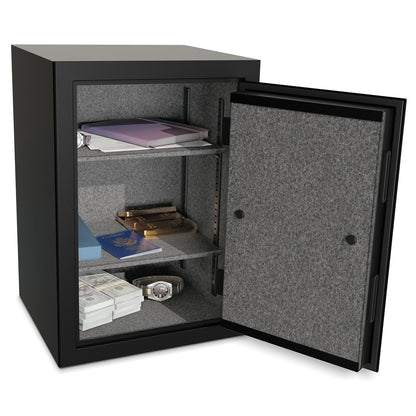 Interior view of the Sanctuary Onyx fireproof safe with fully carpeted shelves.