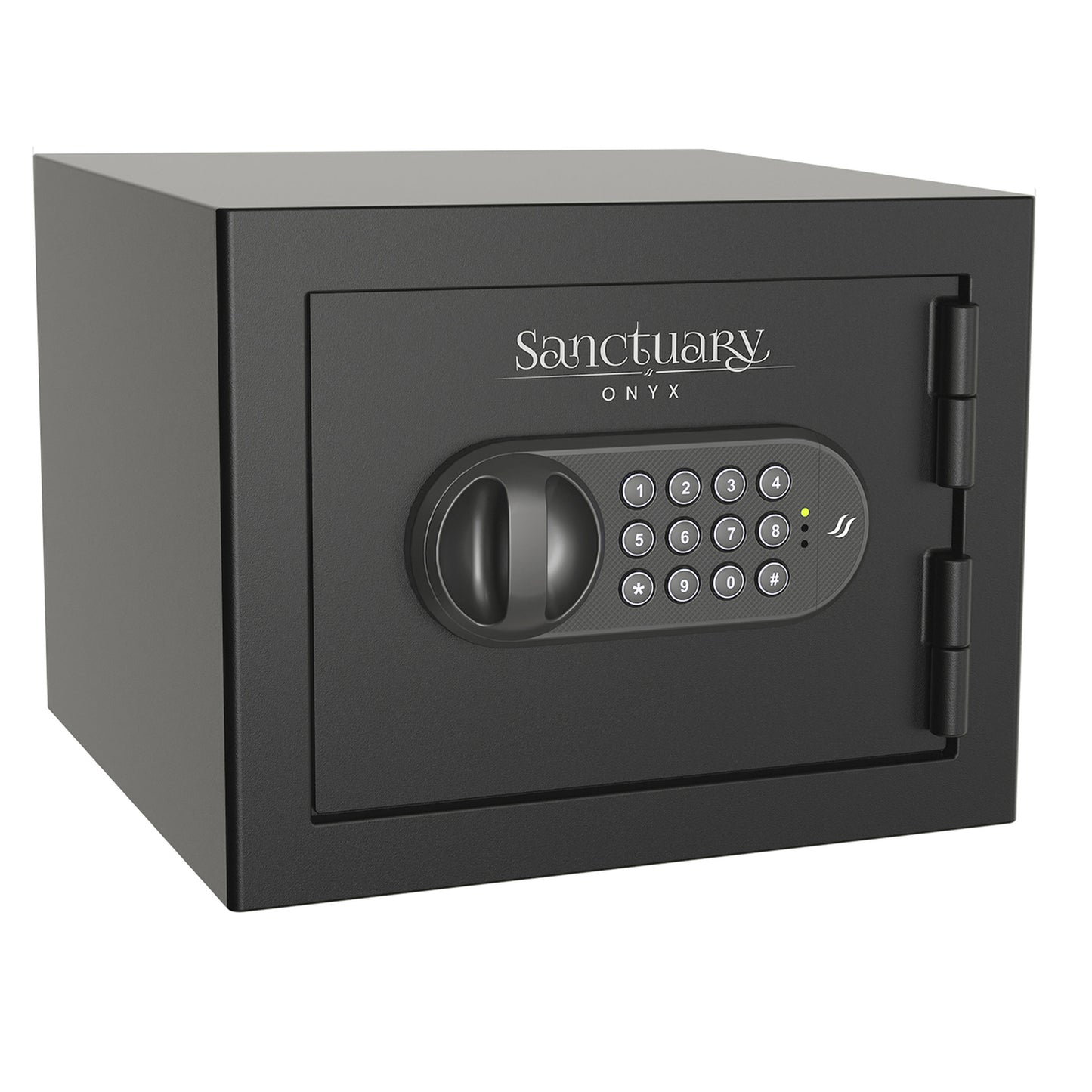 Compact black home and office safe with fire protection and illuminated keypad.