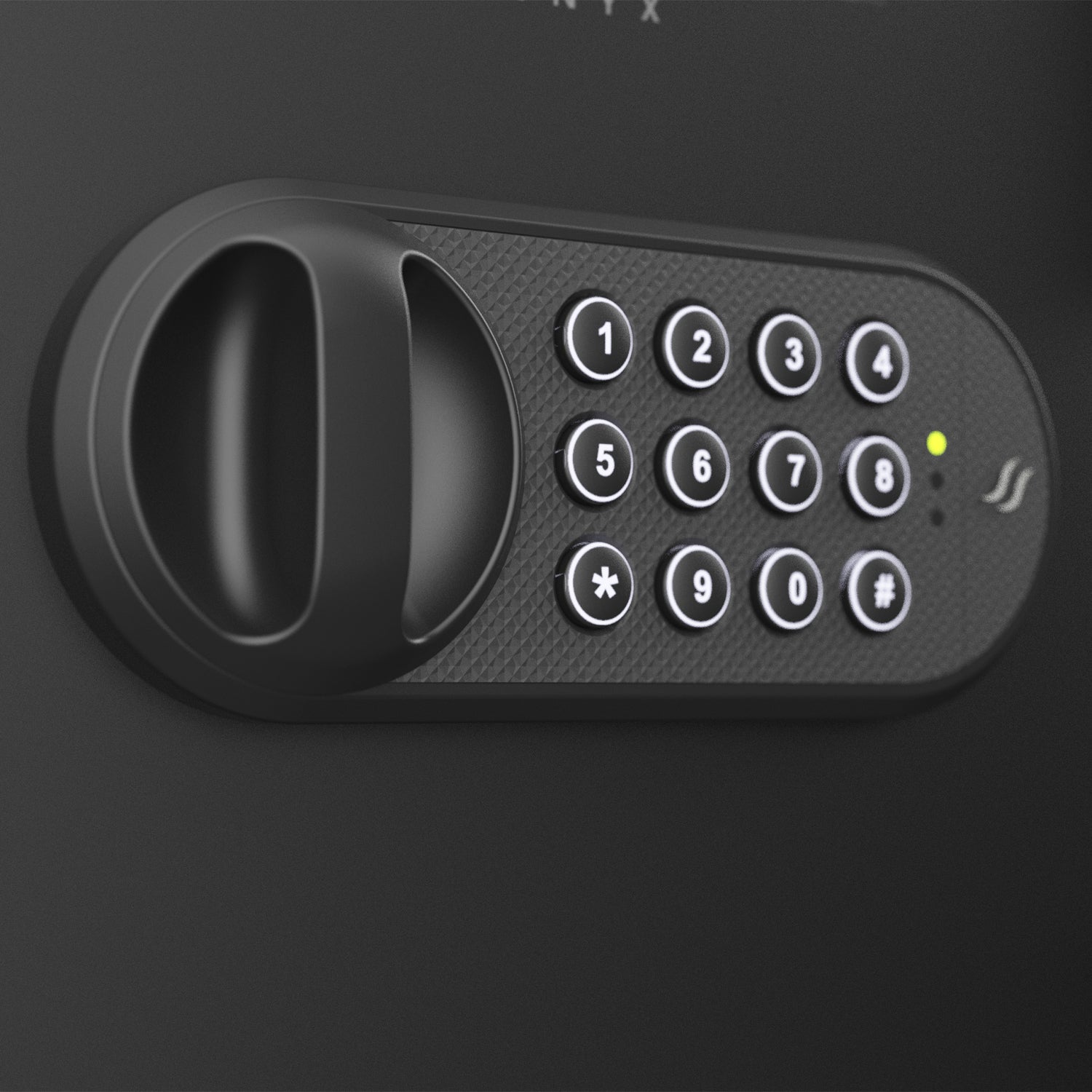 Close-up of the electronic lock on the Sanctuary Onyx fireproof safe.