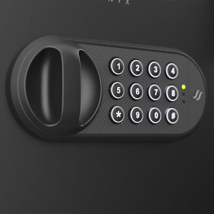 Close-up of the illuminated electronic keypad on the Sanctuary Onyx fireproof safe.