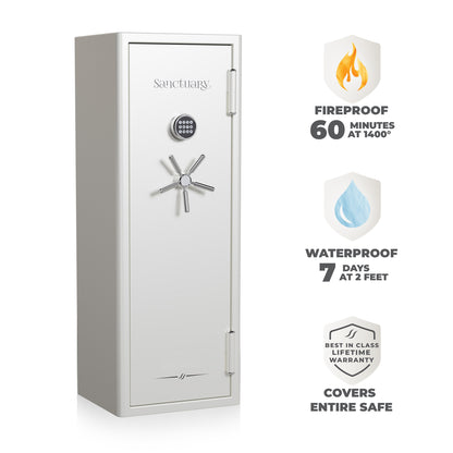 Detail of the white safe's fireproof and waterproof seal on the door, emphasizing its robust protective features.