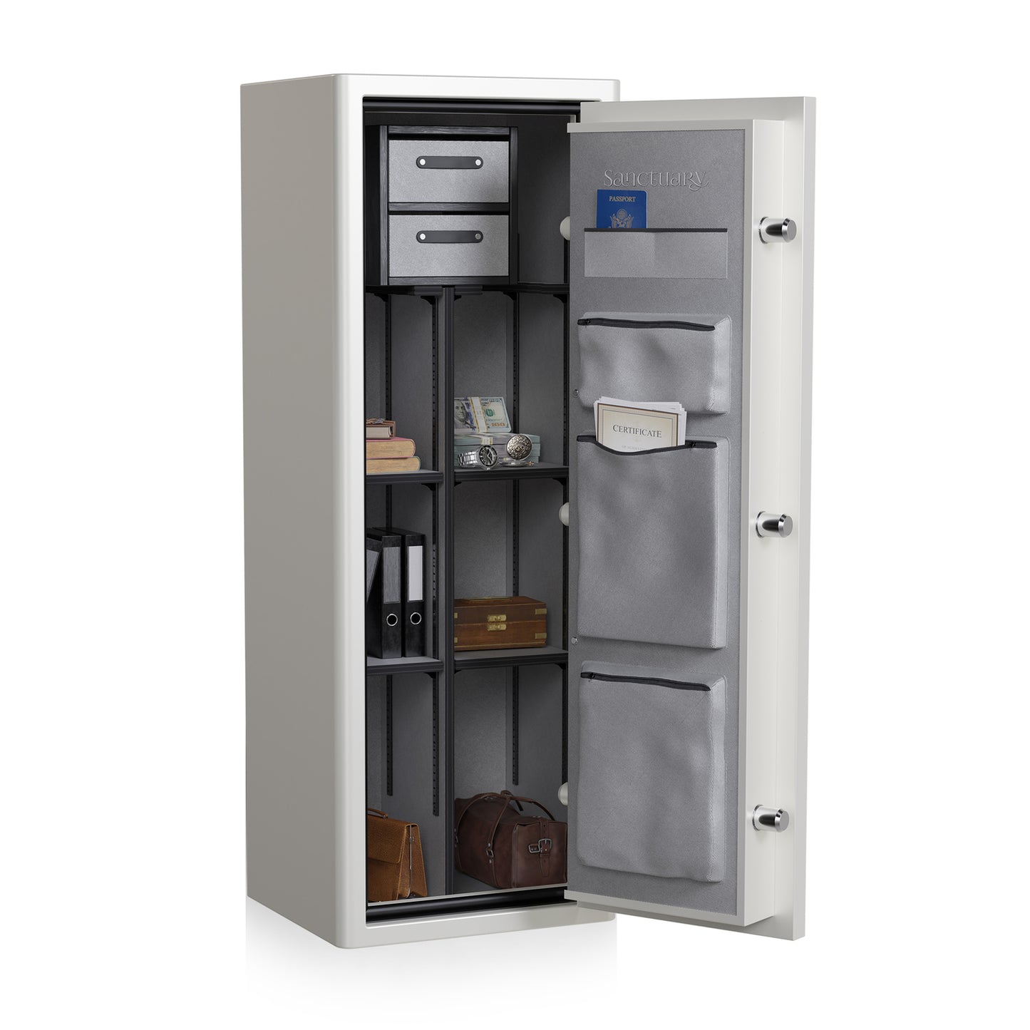 The Sanctuary Executive Series safe in white with the door open, revealing the interior compartments, including a jewelry box and shelves.