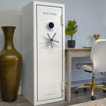 White safe placed in a home office setting