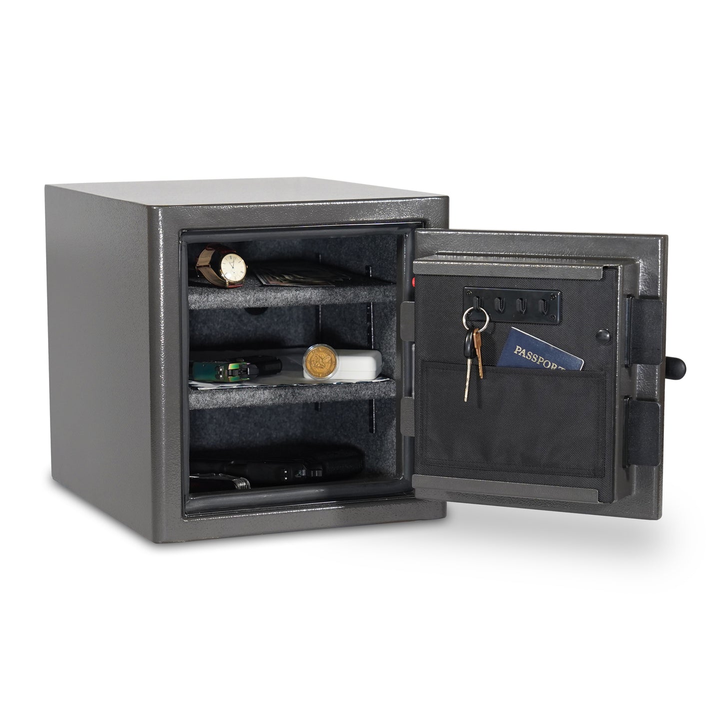 The Sports Afield Diamond Series safe with the door open, showcasing valuables like jewelry and documents securely stored inside.