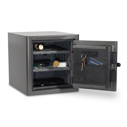 The Sports Afield Diamond Series safe with the door open, showcasing valuables like jewelry and documents securely stored inside.