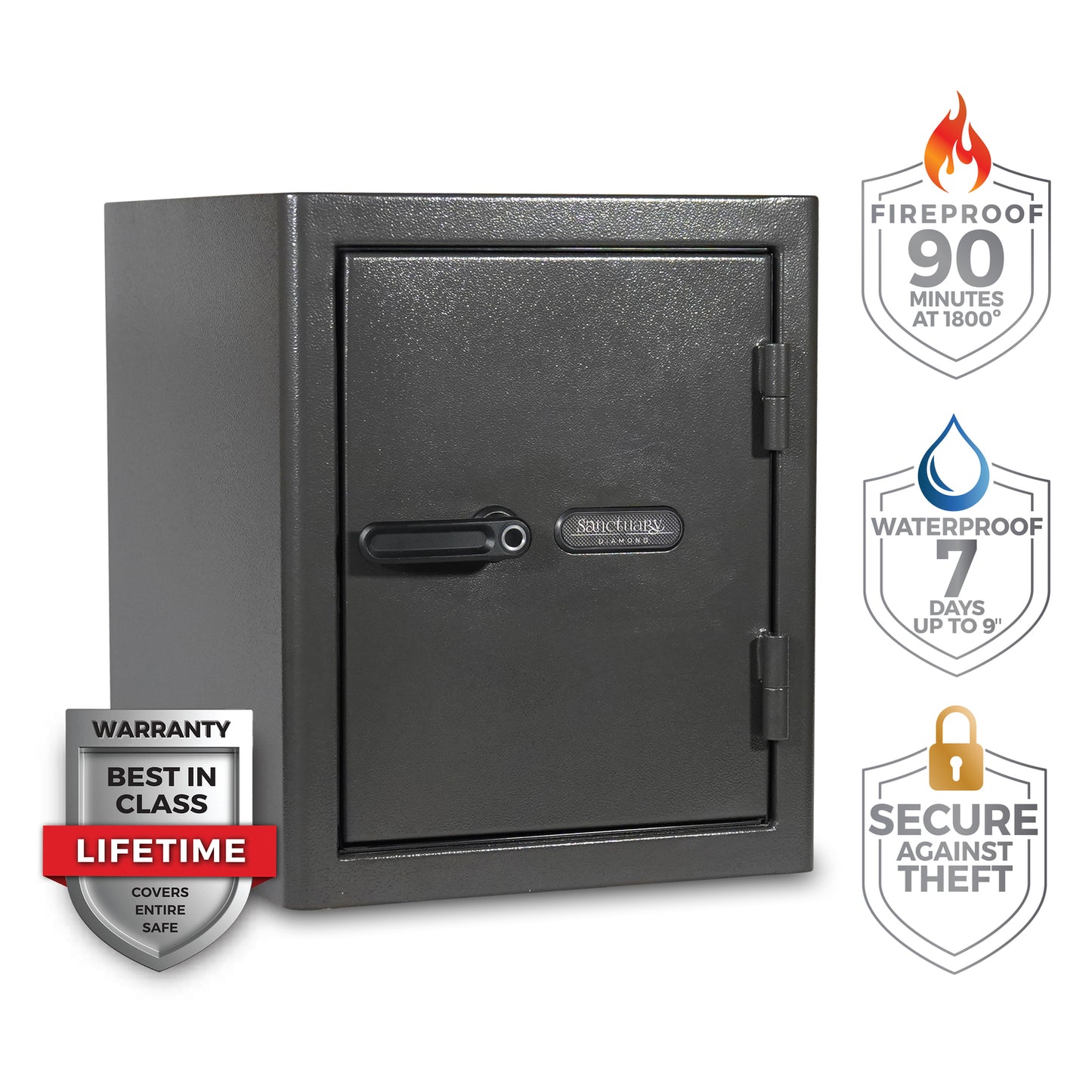 Illustration of the Triple Seal Protection on the Sports Afield Diamond Series safe, providing fire, water, and smoke resistance.