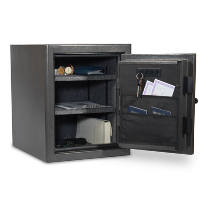 The Sports Afield Diamond Series safe with the door open, showing valuables like documents, jewelry, and cash securely stored inside.