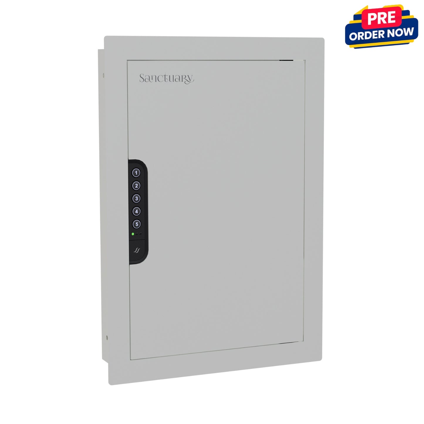 Front view of a sleek white in-wall safe with a modern design, blending seamlessly into the wall.