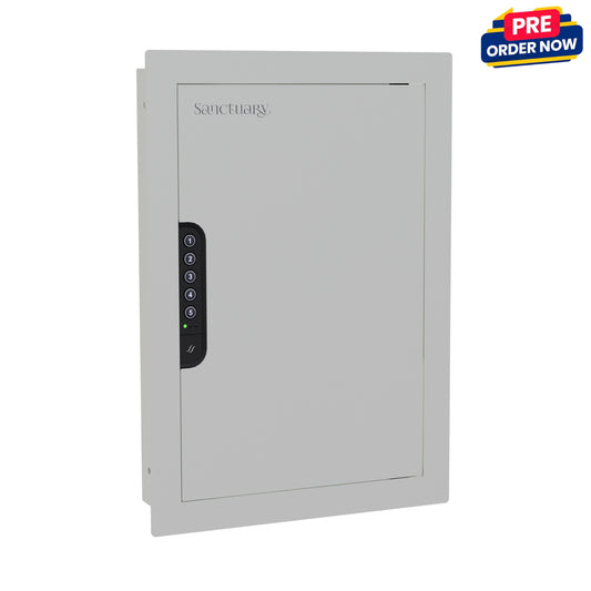 Front view of a sleek white in-wall safe with a modern design, blending seamlessly into the wall.