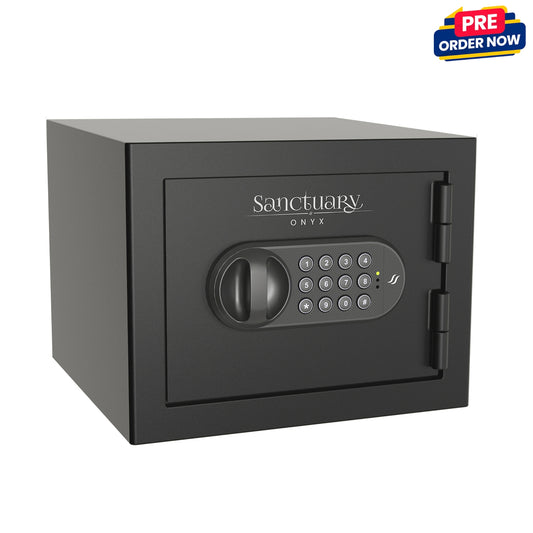 Compact black home and office safe with fire protection and illuminated keypad.