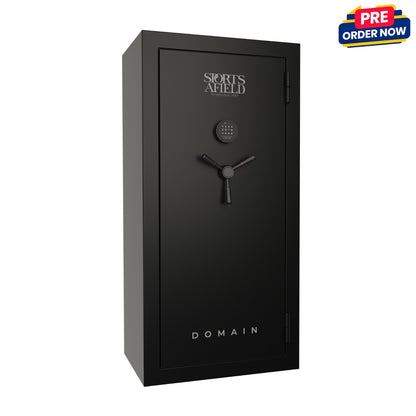 Domain Series Gun Safe with 30 long gun barrel positions and 6 handgun holsters for secure firearms storage.