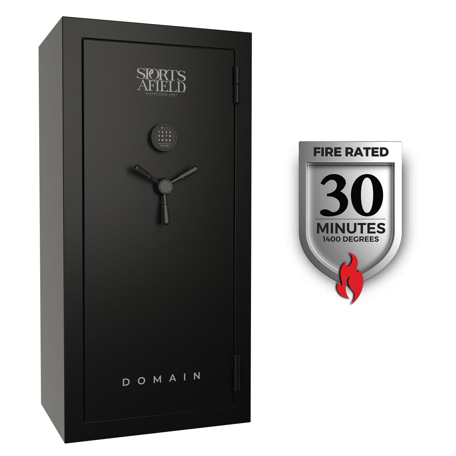 Fireproof and secure Domain Series Gun Safe with 5 active locking bolts, designed to withstand pry attacks.