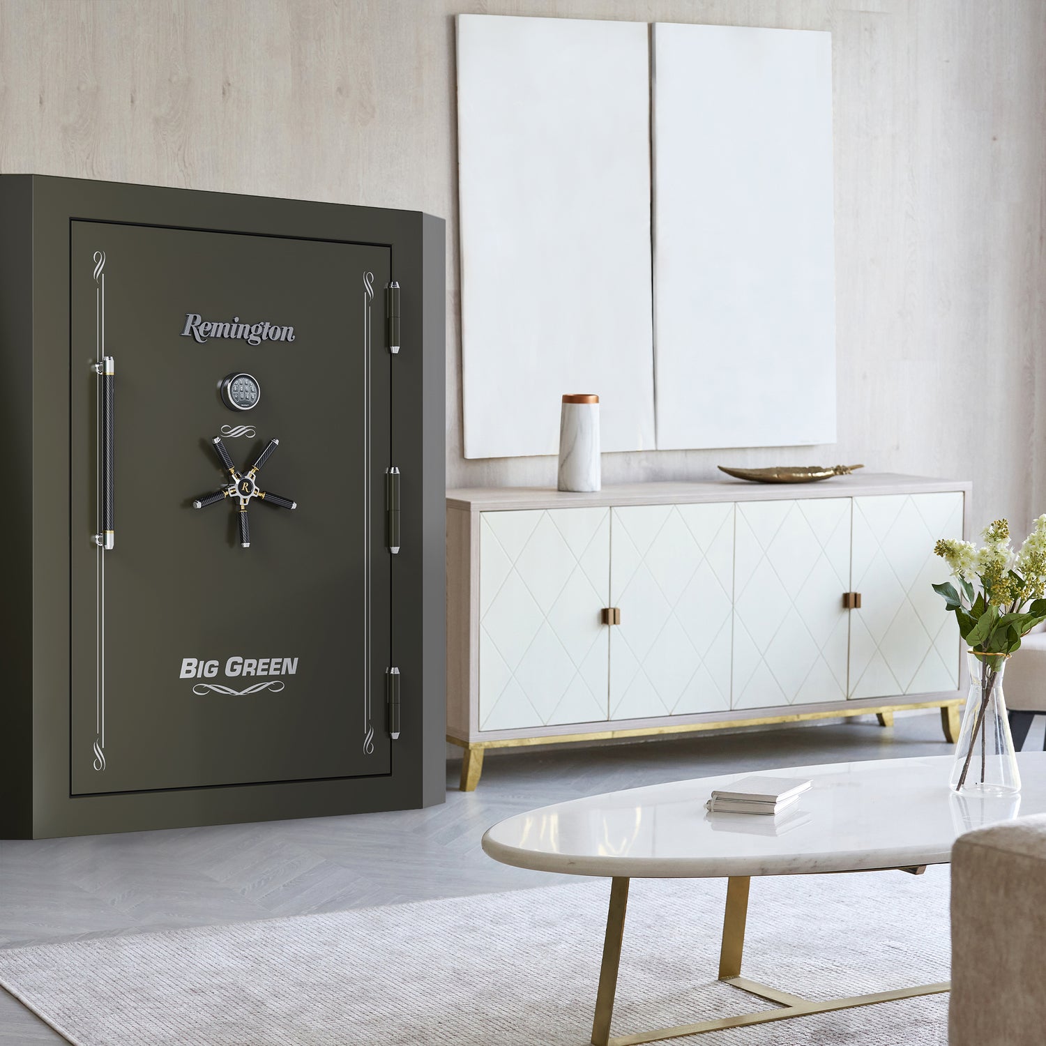 The Remington Big Green Gun Safe installed in a modern home, offering discreet and secure storage for firearms and valuables in a stylish environment.