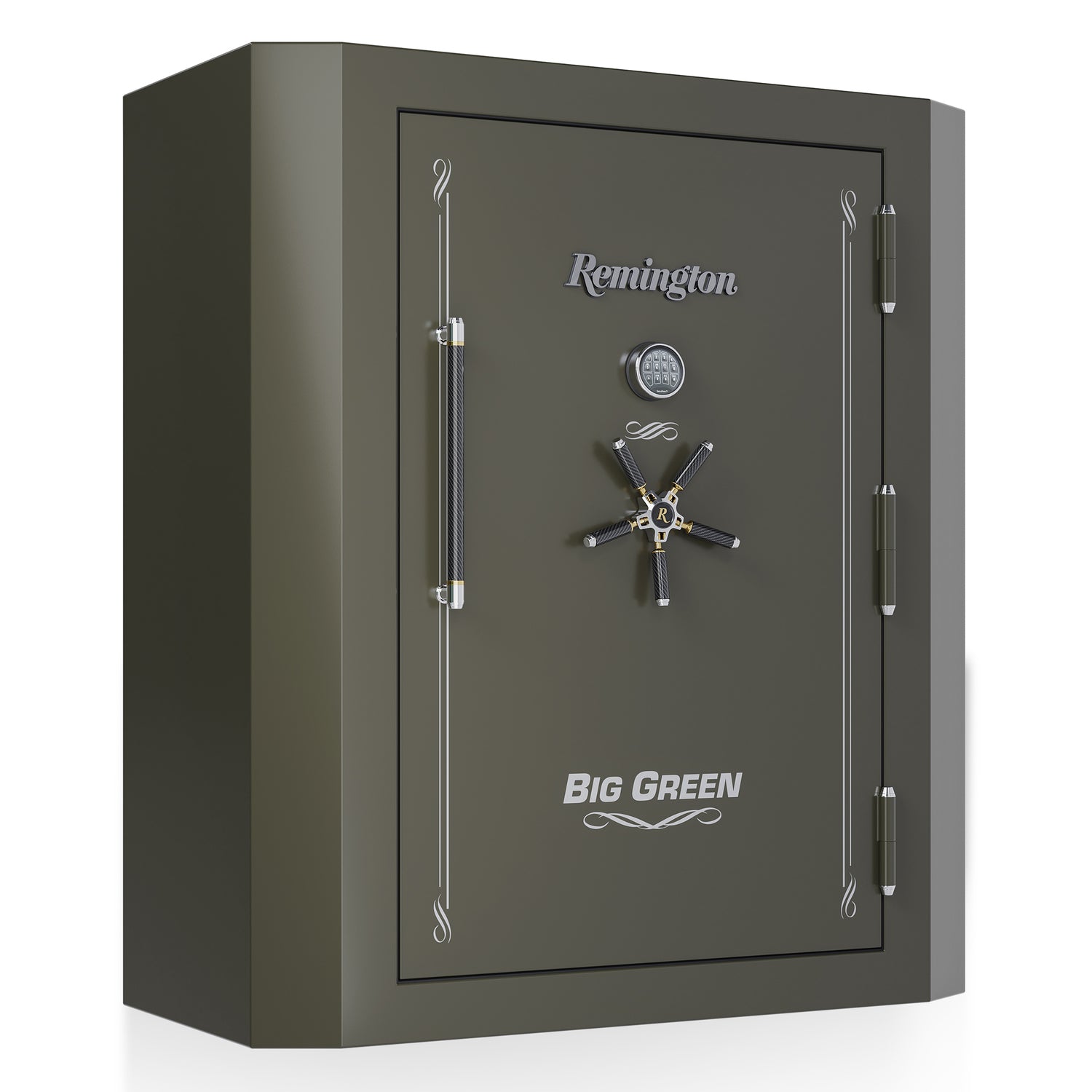 Front view of the Remington Big Green 65” Tall Gun Safe in Bronze Green, showcasing its robust design and large capacity.