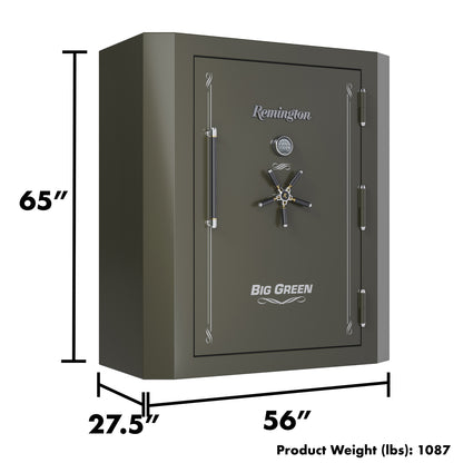 Diagram showing the dimensions of the Remington Big Green Gun Safe, highlighting its spacious interior and compact design.