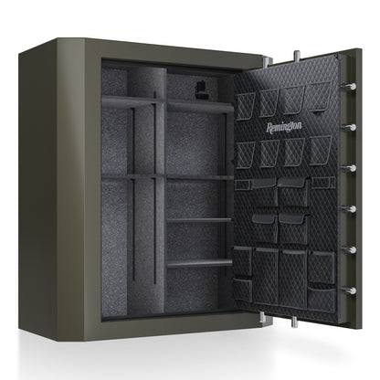 The Remington Big Green Gun Safe with the door open, featuring a spacious interior with LED lighting, ready to store firearms and valuables.