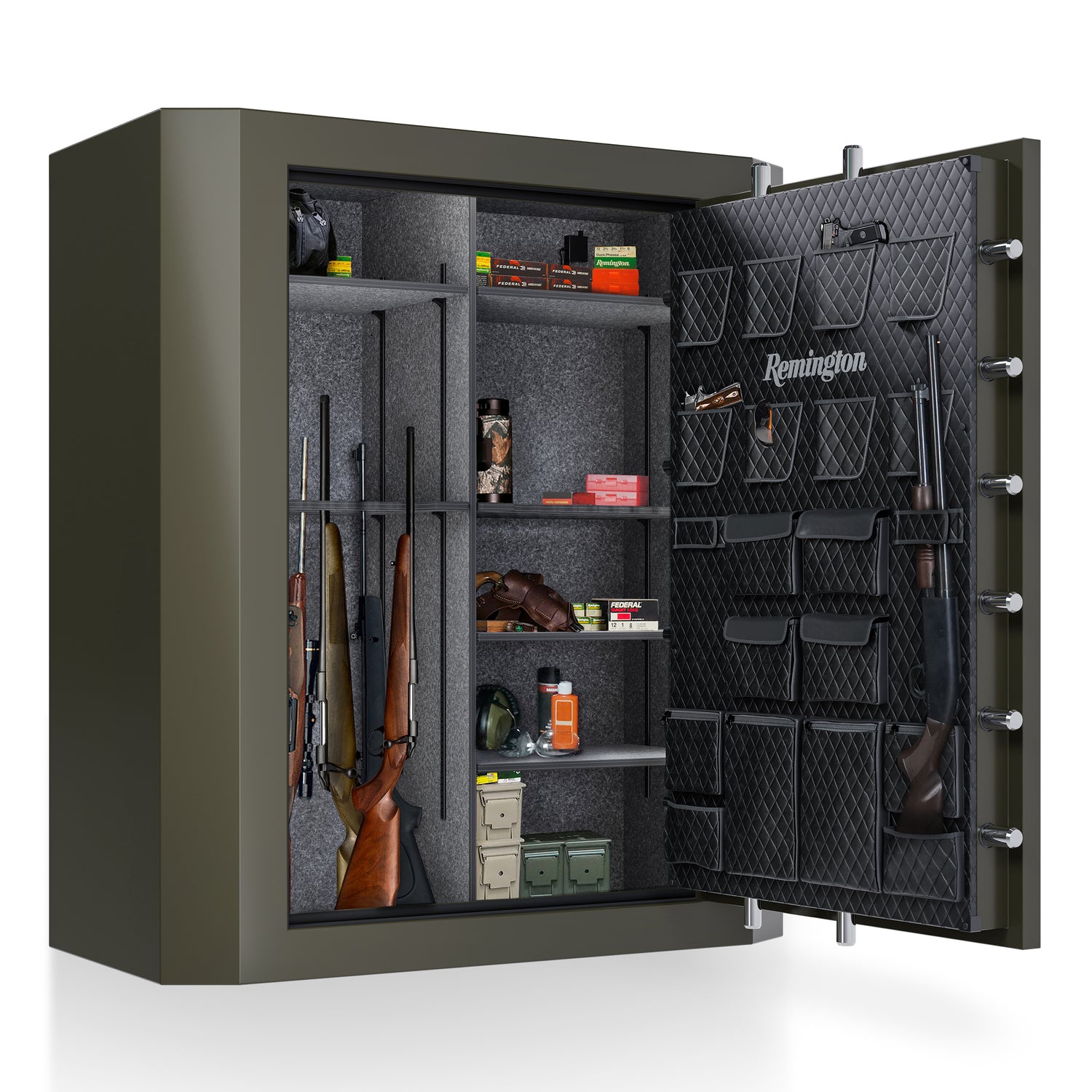 The Remington Big Green Gun Safe with the door open, displaying firearms, jewelry, and valuables securely stored inside.