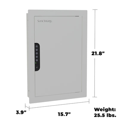 Diagram highlighting the dimensions of the white in-wall safe, demonstrating its compact and space-saving design.