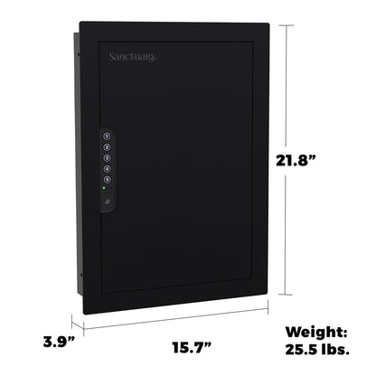 Diagram showing the dimensions of the in-wall safe and vault, highlighting its compact and flush-fit design for easy installation.