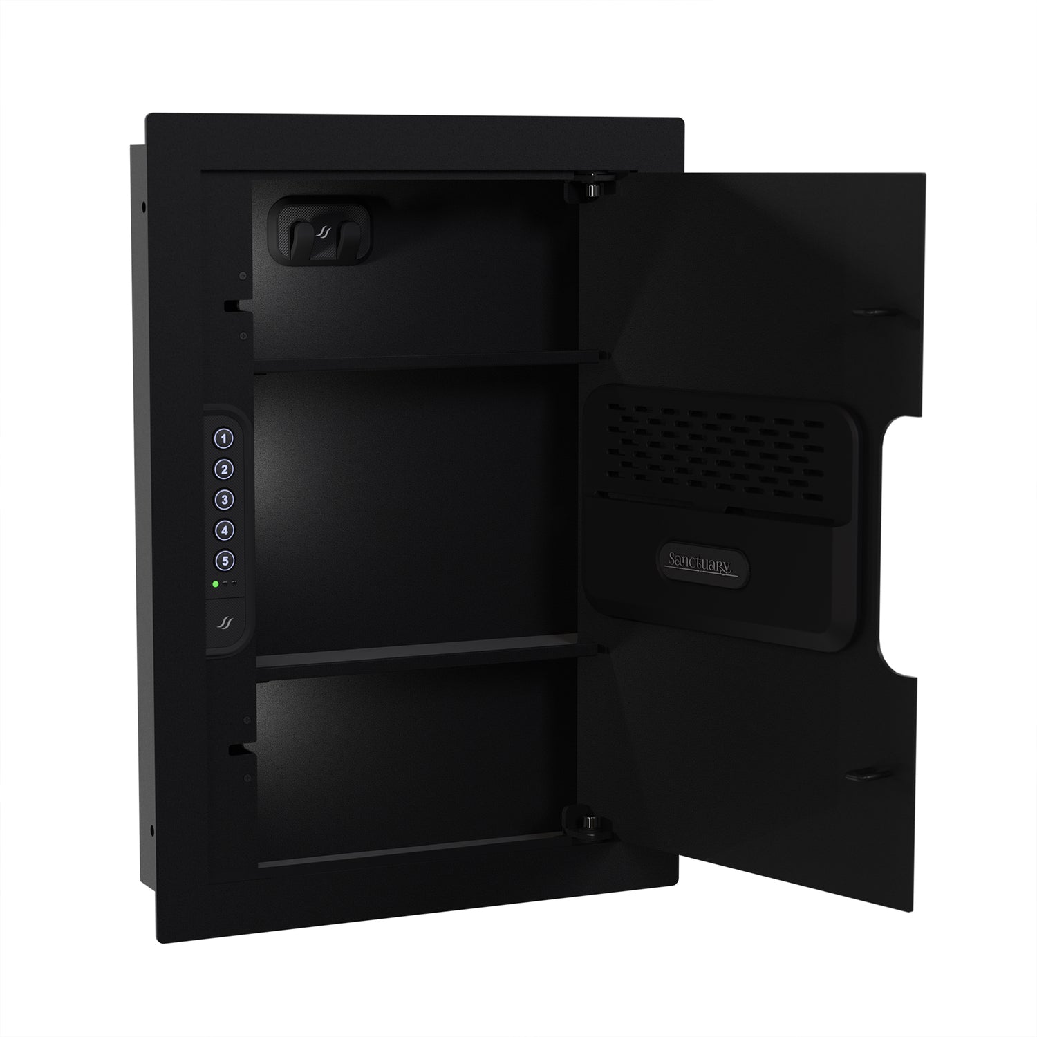 In-wall safe with the door open, showcasing a spacious interior and bright lighting for secure storage of valuables.