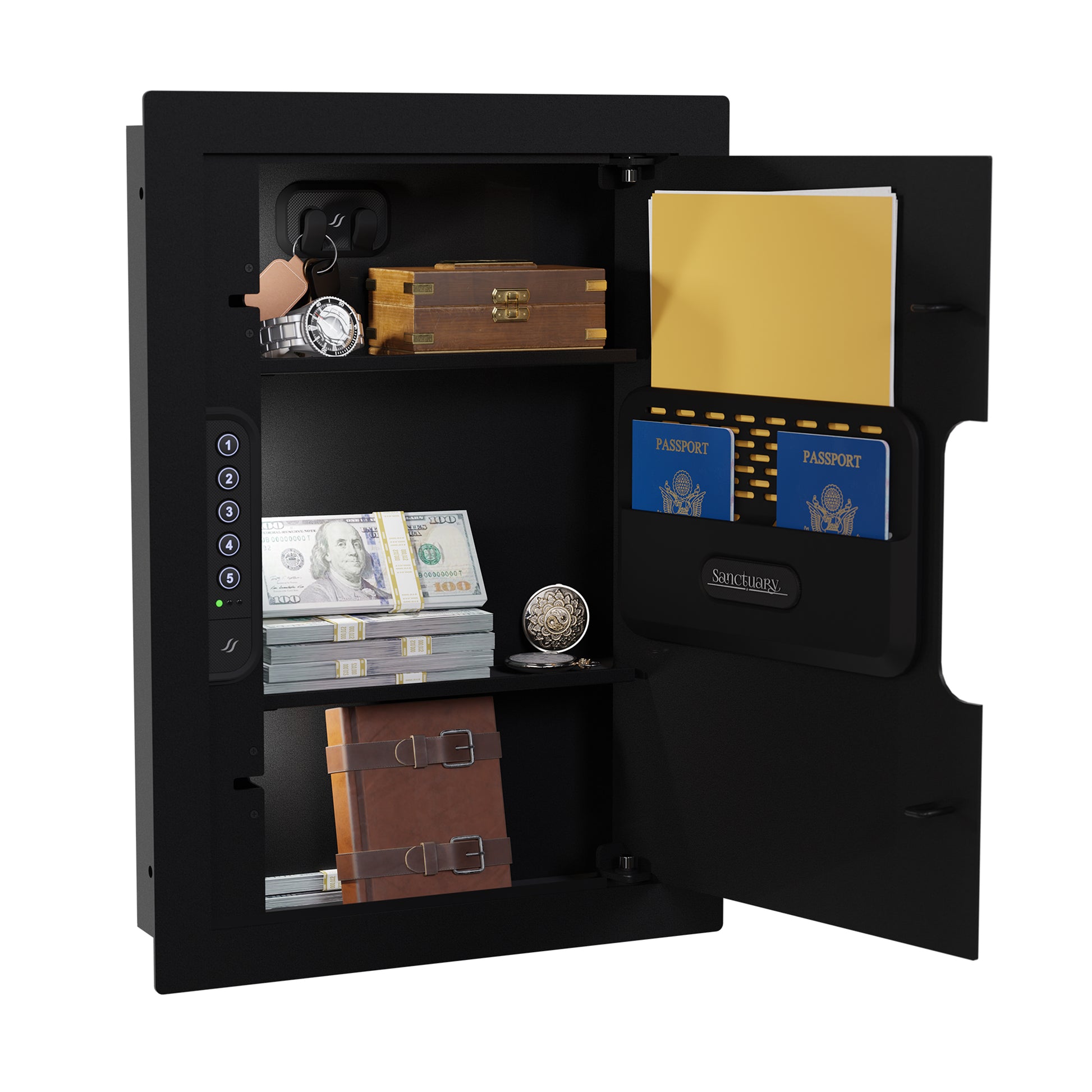 In-wall safe with the door open, showcasing a spacious interior for secure storage of valuables.